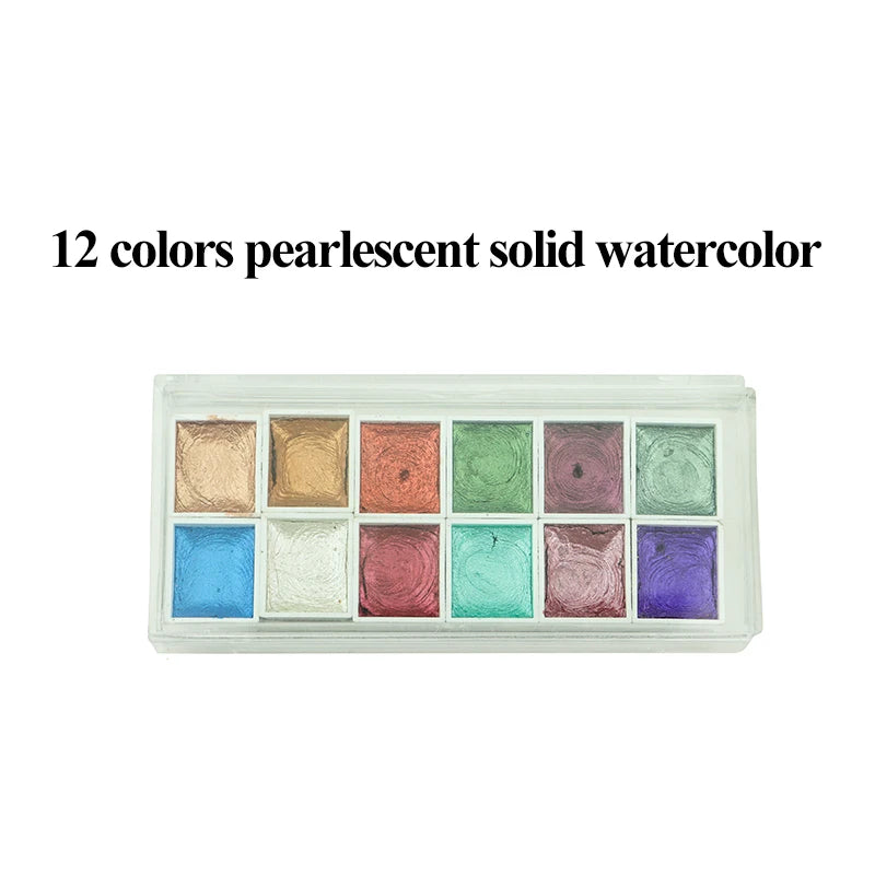 Juego de pinturas de Acuarela sólidas de 12 colores, pigmento nacarado texturizado, brillo metálico