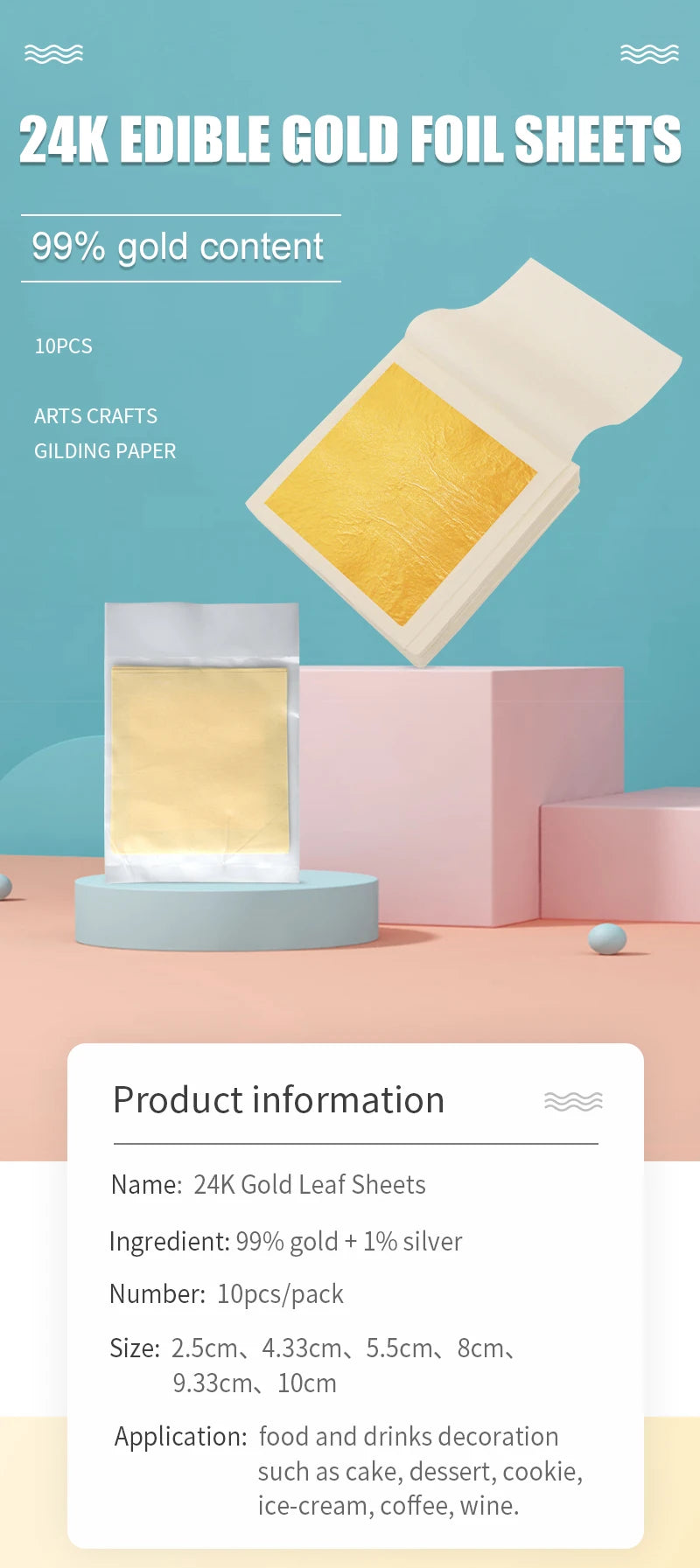 Hojas de hojas de oro puro de 24K, 10 Uds. para manualidades