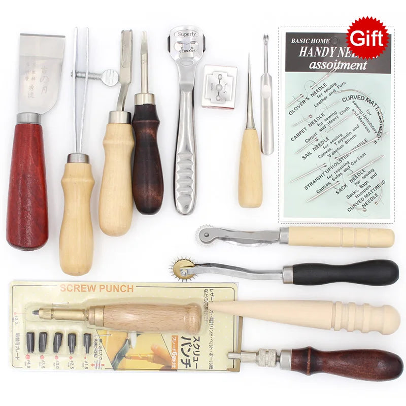 Juego de herramientas para tallar cuero, perforadora, cuchillo de mano, aguja de sutura, proceso de pulido de bordes para cinturón de cuero