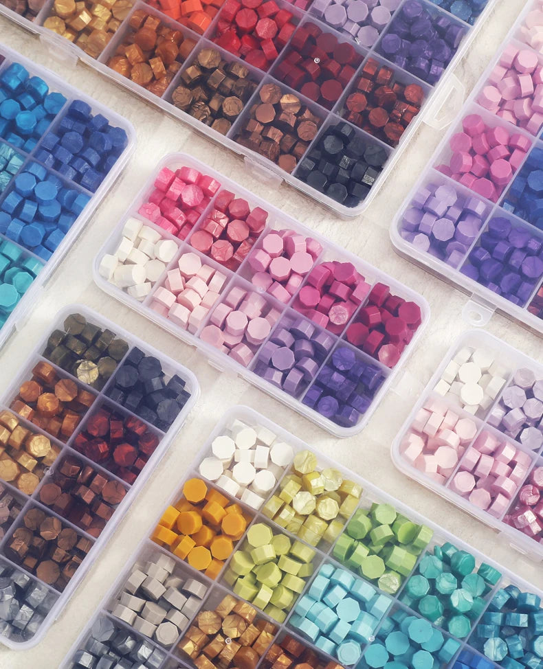 Cera lacre octogonal multicolor en caja, cera para sellado