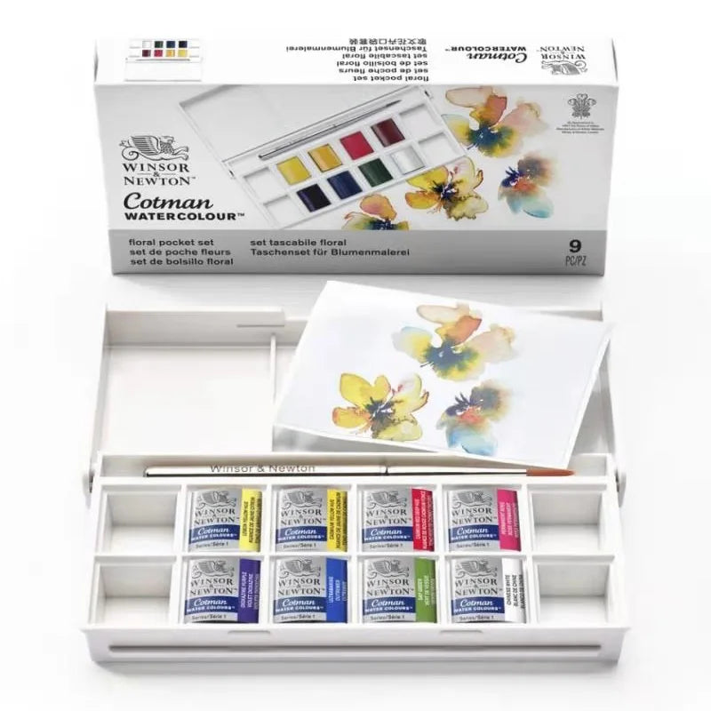 Winsor & Newton-Juego de acuarelas metálicas de 8 colores medias bandejas, paleta de colores con pincel para principiantes