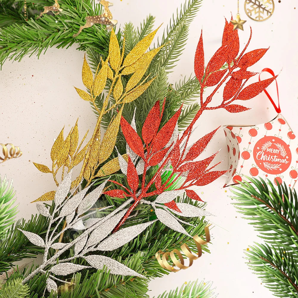 Plantas artificiales de Navidad con purpurina, polvo dorado, flores, hojas, ramas, adorno de árbol de Navidad, 10/1 piezas