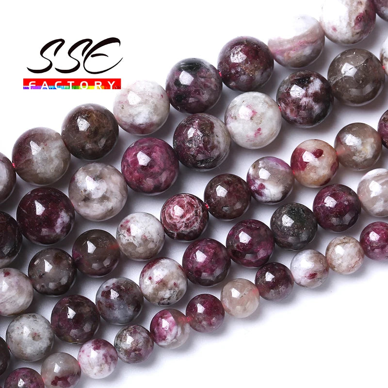 Cuentas de turmalina con flor de ciruela Natural auténtica para la fabricación de joyas, cuentas redondas sueltas A + de 6, 8, 10mm y 15"