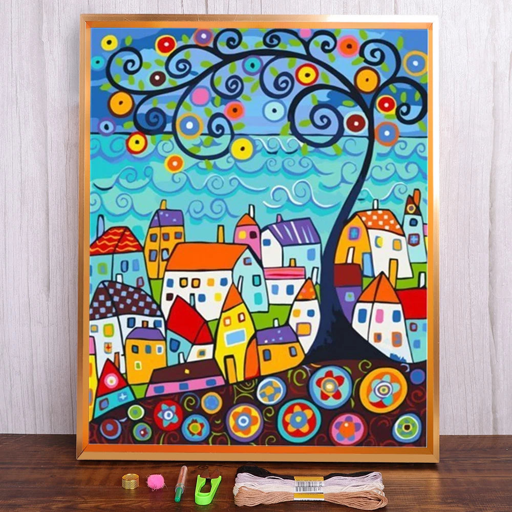 Pintura bordada de 11/14CT, casas de dibujos animados, Kits de punto de cruz, lienzo impreso DMC