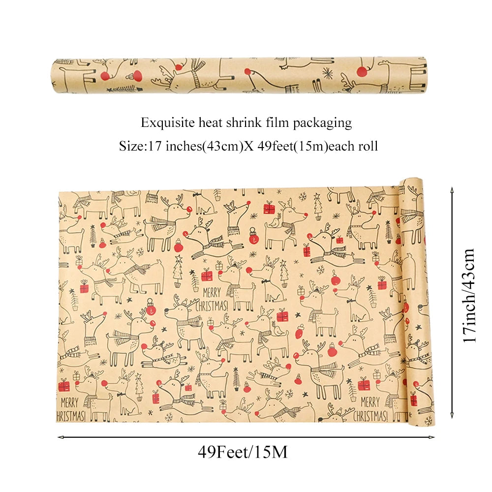 1 rollo de papel de regalo navideño de 44 cm x 15 mts aprox., papel Kraft con diseño de ciervo encantador