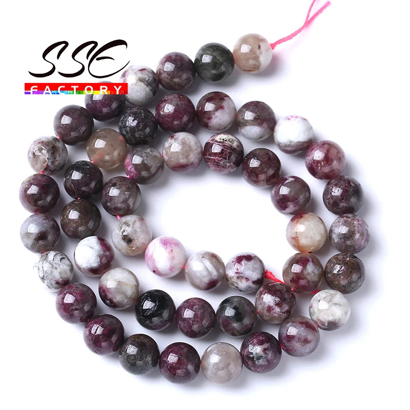 Cuentas de turmalina con flor de ciruela Natural auténtica para la fabricación de joyas, cuentas redondas sueltas A + de 6, 8, 10mm y 15"