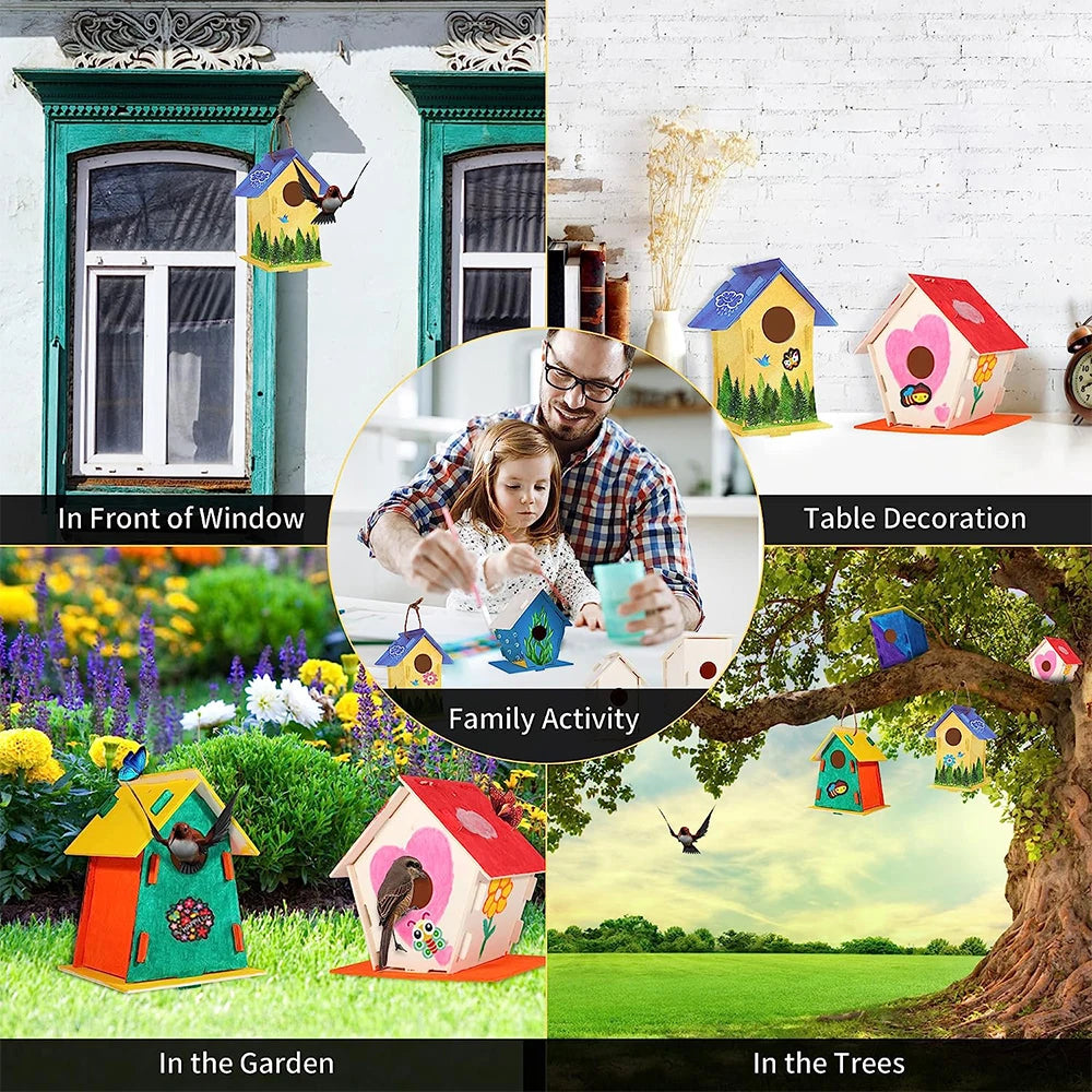 Kits de casas de pájaros para niños, manualidades de madera para fiestas de arte, pegatinas de pinceles para niños para construir y pintar