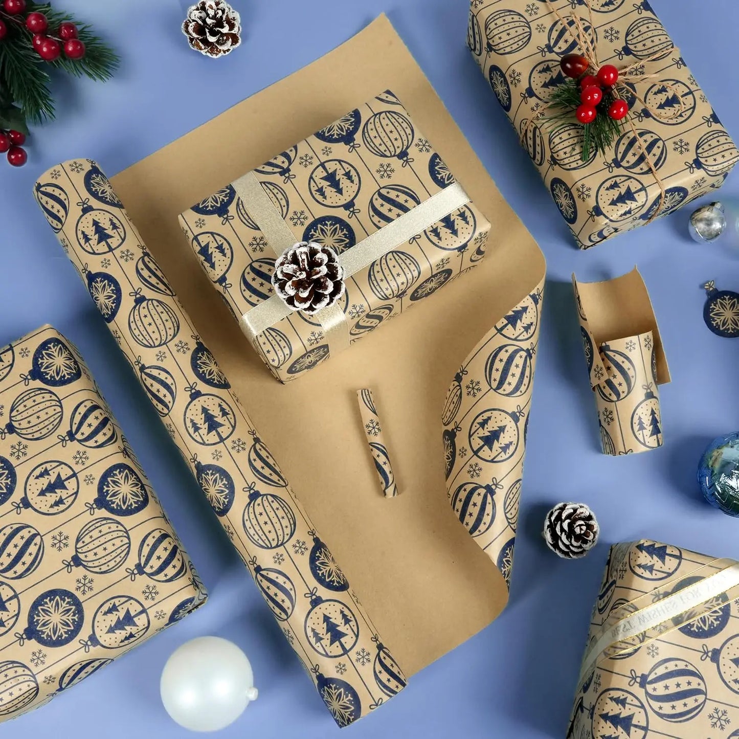 1 rollo de papel de regalo navideño de 44 cm x 15 mts aprox., diseño de bola de decoración navideña