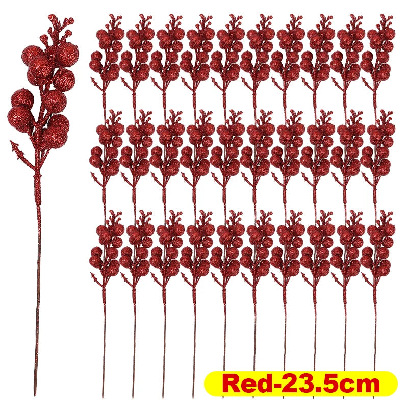 Brillo Artificial de Navidad, ramas de bayas rojas, polvo dorado, bayas de acebo, flores falsas, adornos de árbol de Navidad