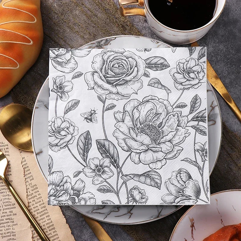 Servilletas de papel con estampado de Rosa, blanco y negro, 20 hojas.