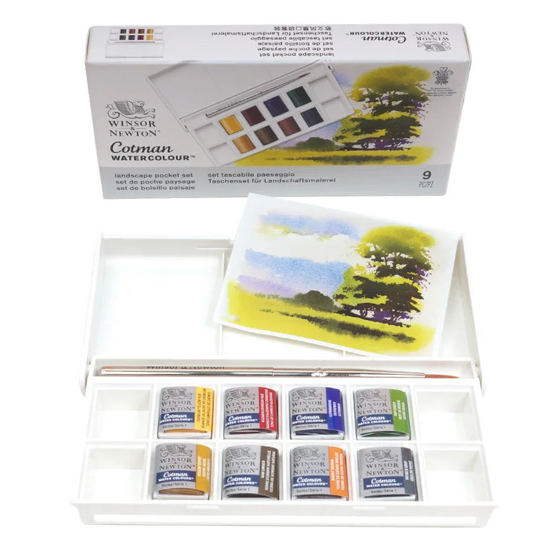 Winsor & Newton-Juego de acuarelas metálicas de 8 colores medias bandejas, paleta de colores con pincel para principiantes