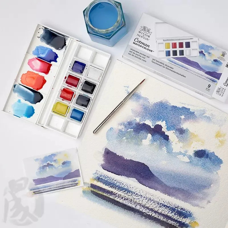 Winsor & Newton-Juego de acuarelas metálicas de 8 colores medias bandejas, paleta de colores con pincel para principiantes