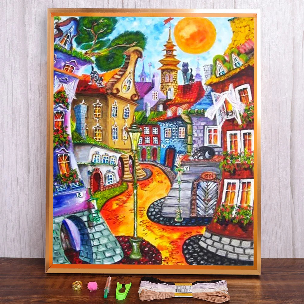 Pintura bordada de 11/14CT, casas de dibujos animados, Kits de punto de cruz, lienzo impreso DMC