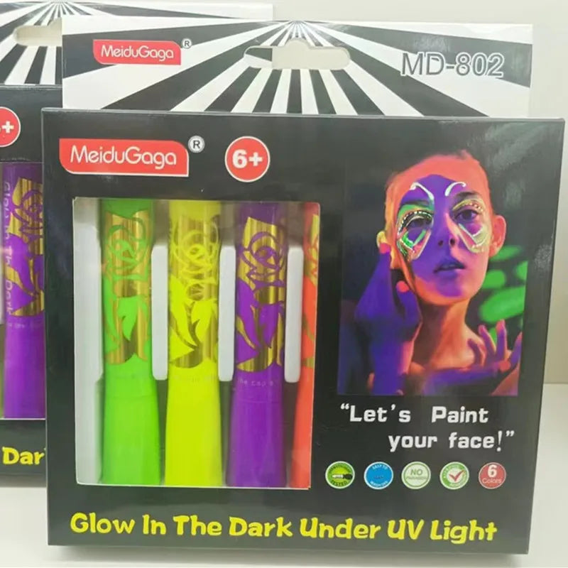 Juego de crayones de pintura para cara y cuerpo, marcador de maquillaje fluorescente, brillante, para Halloween, 6 uds.