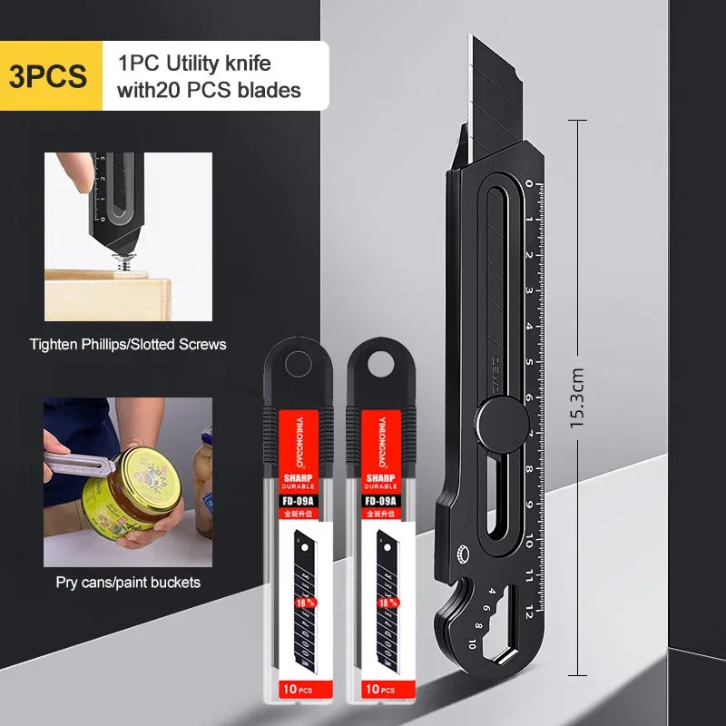Cuchillo cartonero multiusos de acero inoxidable 6 en 1, abrelatas multifunción, portátil, para oficina, hogar