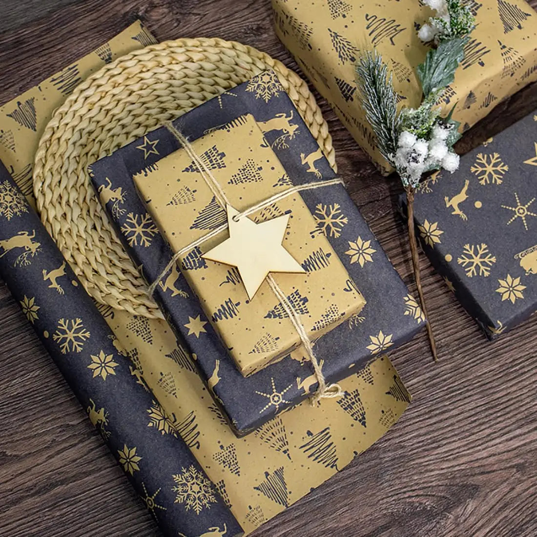 1 rollo de papel de regalo navideño reversible, papel kraft vintage azul marino y marrón de 44 cm pulgadas x 10 mts aprox.