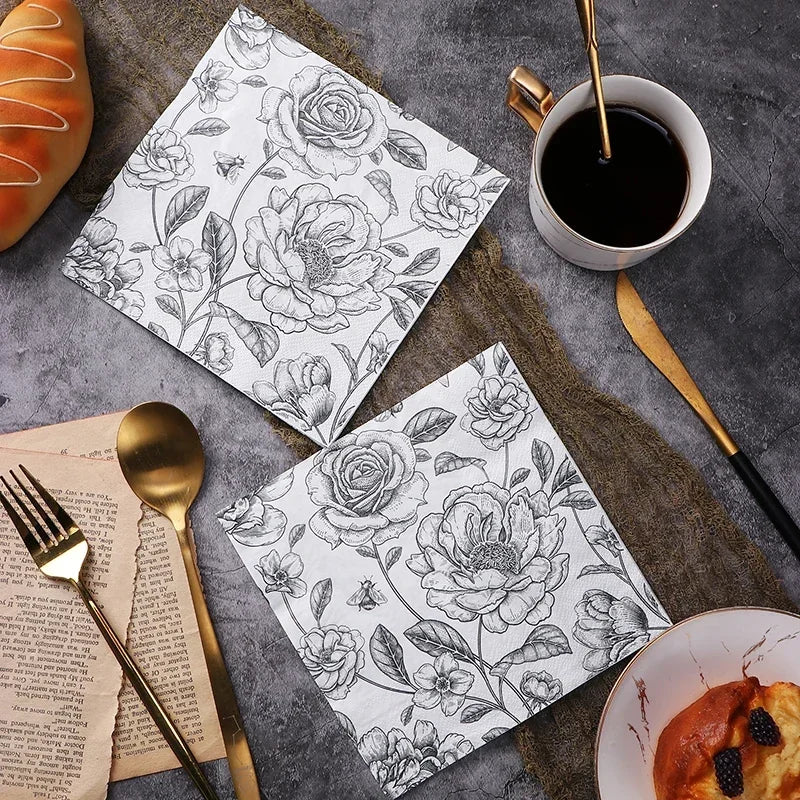 Servilletas de papel con estampado de Rosa, blanco y negro, 20 hojas.