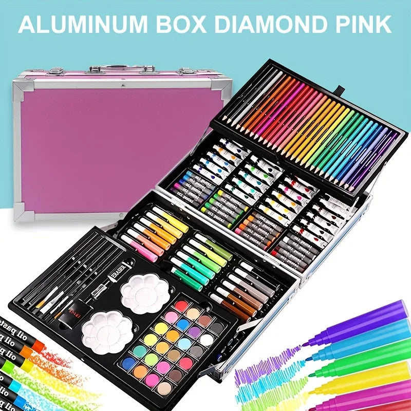 Paquete de 145 piezas, kit de arte para pintar y dibujar, juego de arte de doble capa de lujo, lápices de colores, pasteles al óleo, acuarela