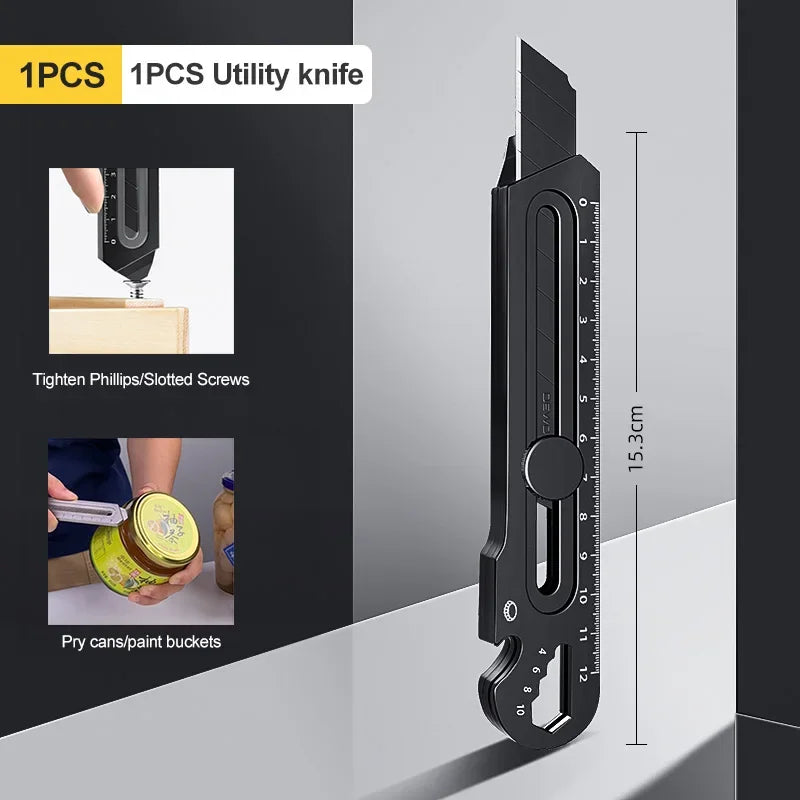 Cuchillo cartonero multiusos de acero inoxidable 6 en 1, abrelatas multifunción, portátil, para oficina, hogar