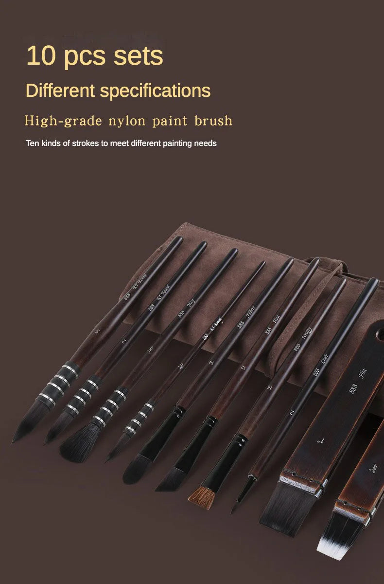 Juego de pinceles de pintura de acuarela de pelo de nailon de imitación de ardilla, de alta gama, juego de 10 piezas en bolso de tela Oxford