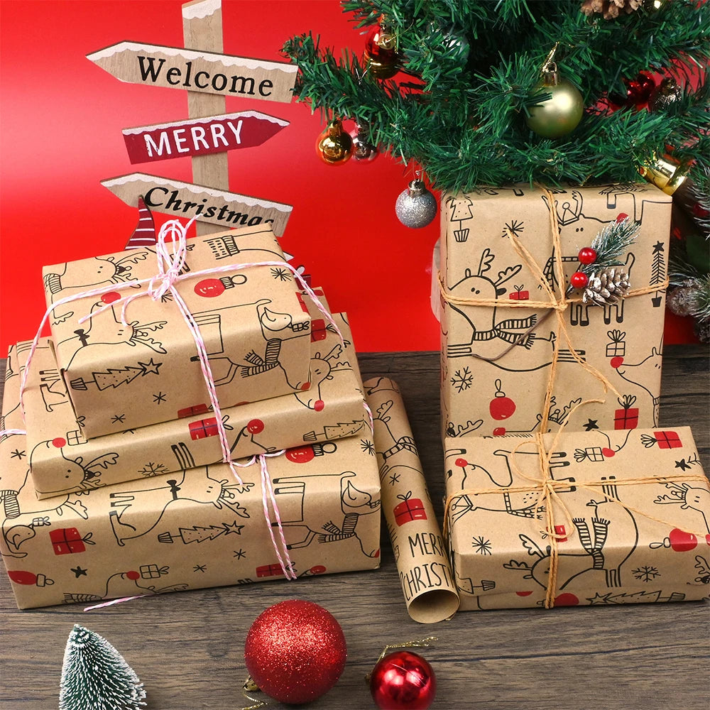 1 rollo de papel de regalo navideño de 44 cm x 15 mts aprox., papel Kraft con diseño de ciervo encantador