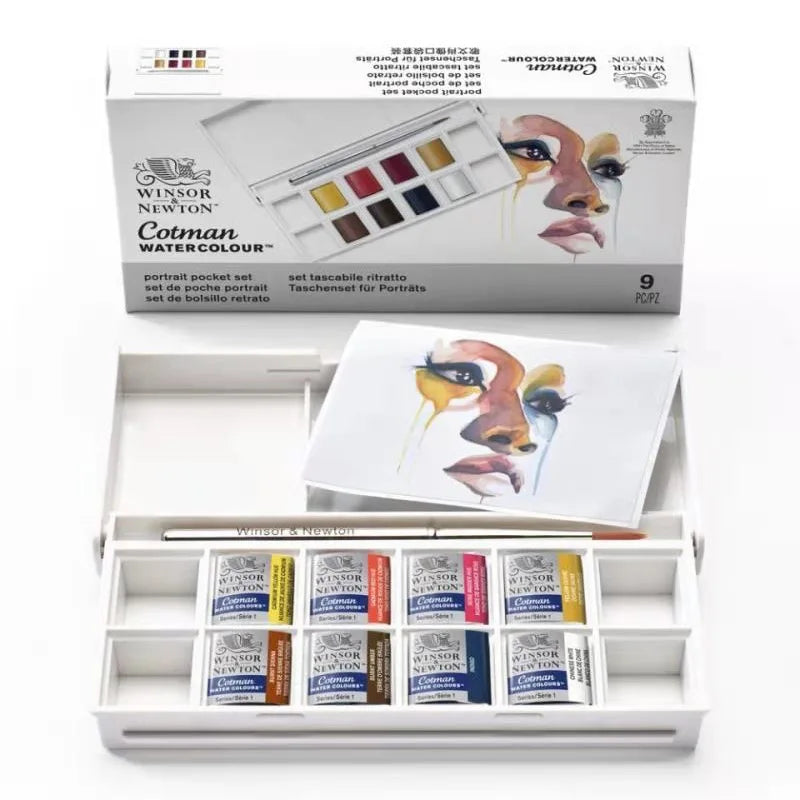 Winsor & Newton-Juego de acuarelas metálicas de 8 colores medias bandejas, paleta de colores con pincel para principiantes