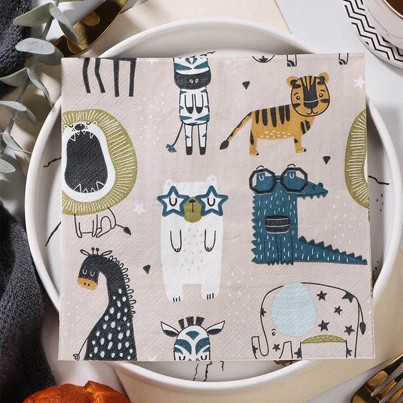 20 unids/pack de servilletas de papel con estampado de animales de dibujos animados, fiestas y decoupage