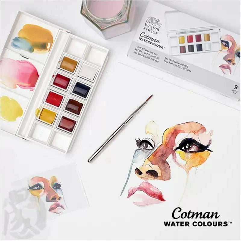 Winsor & Newton-Juego de acuarelas metálicas de 8 colores medias bandejas, paleta de colores con pincel para principiantes