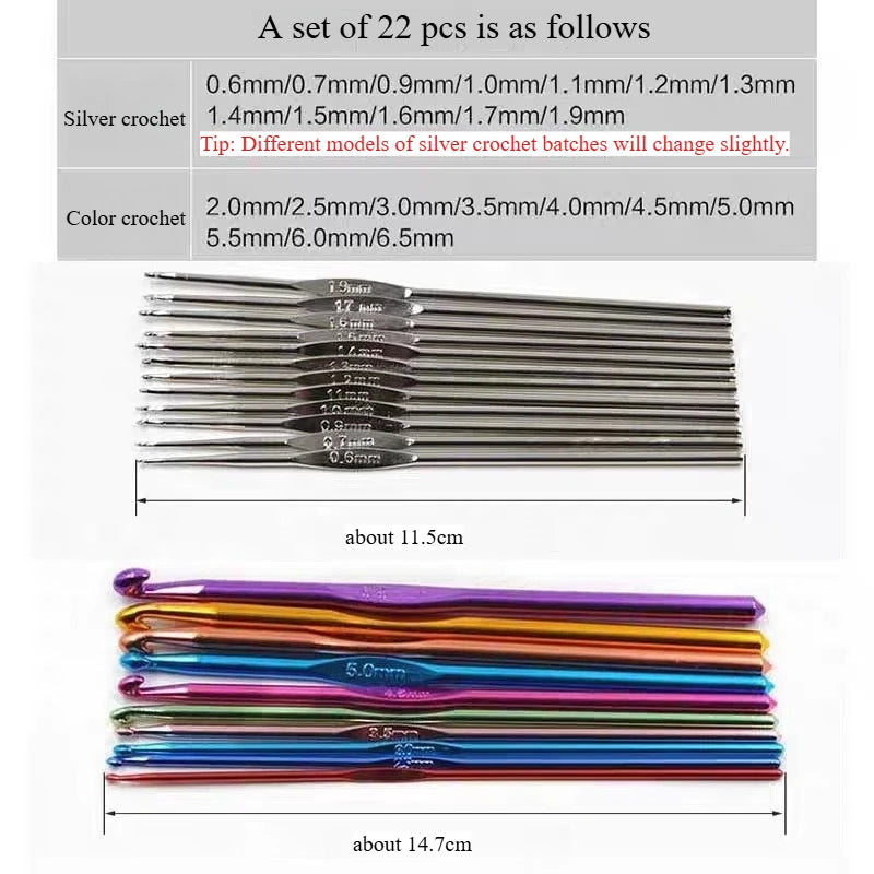 22 unids/set Kit de ganchos de crochet de aluminio con funda de cuero sintético