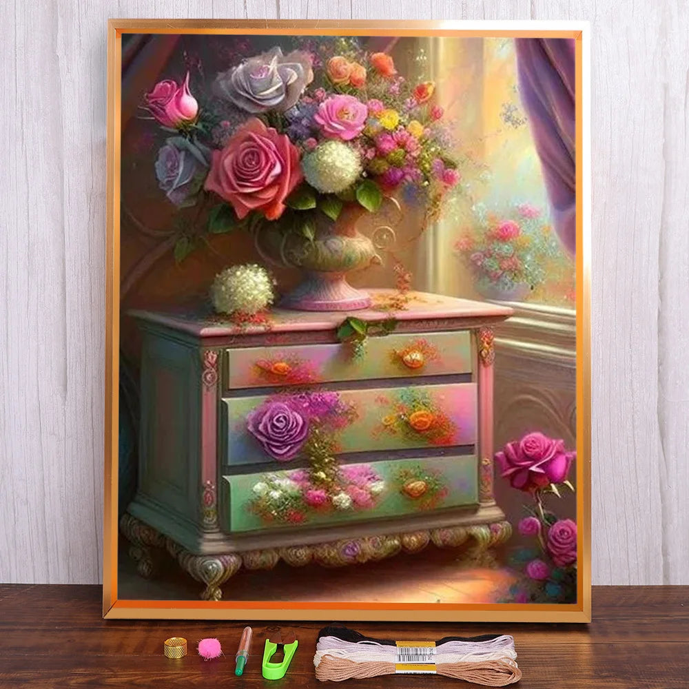 Flores-Kit completo de punto de cruz preimpreso