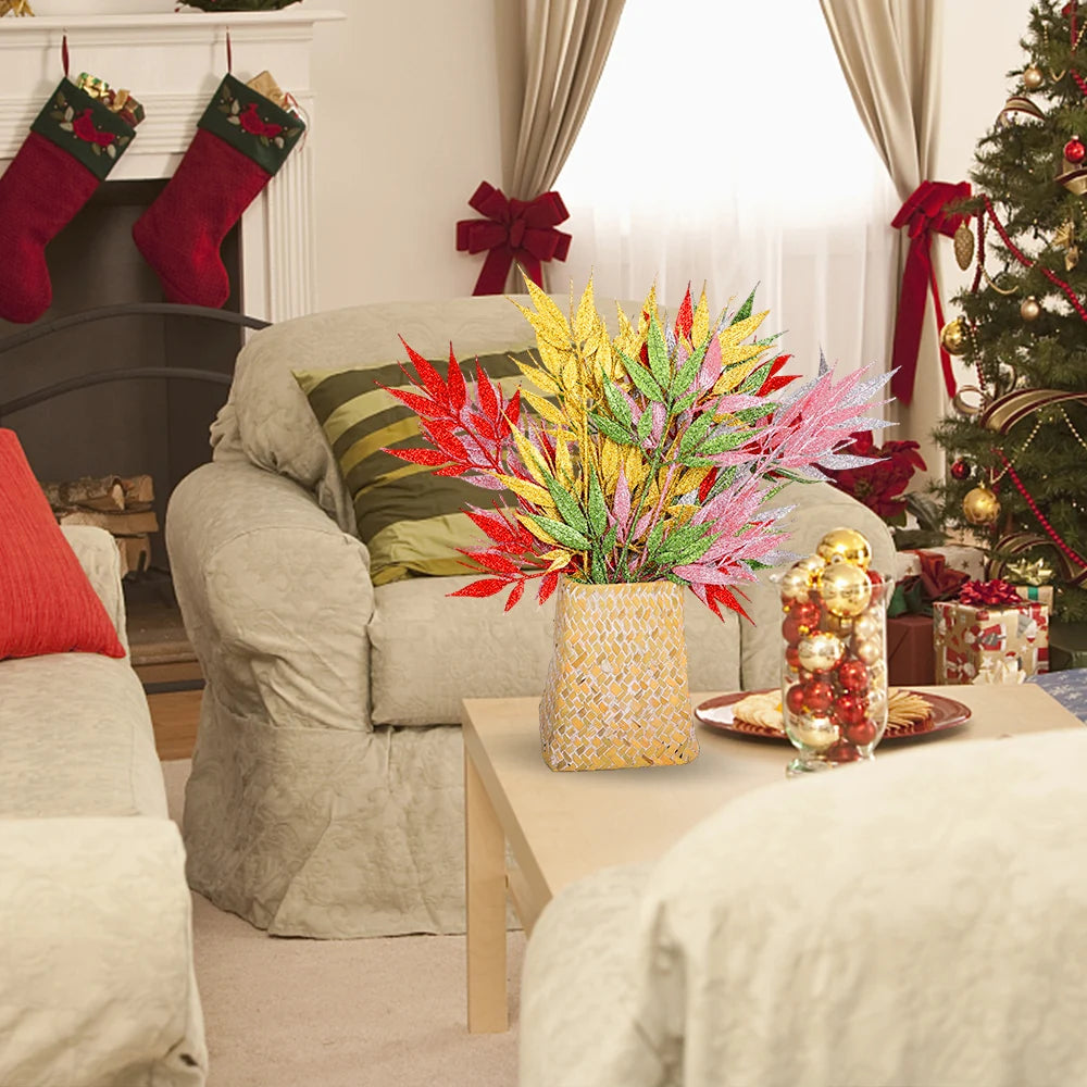 Plantas artificiales de Navidad con purpurina, polvo dorado, flores, hojas, ramas, adorno de árbol de Navidad, 10/1 piezas