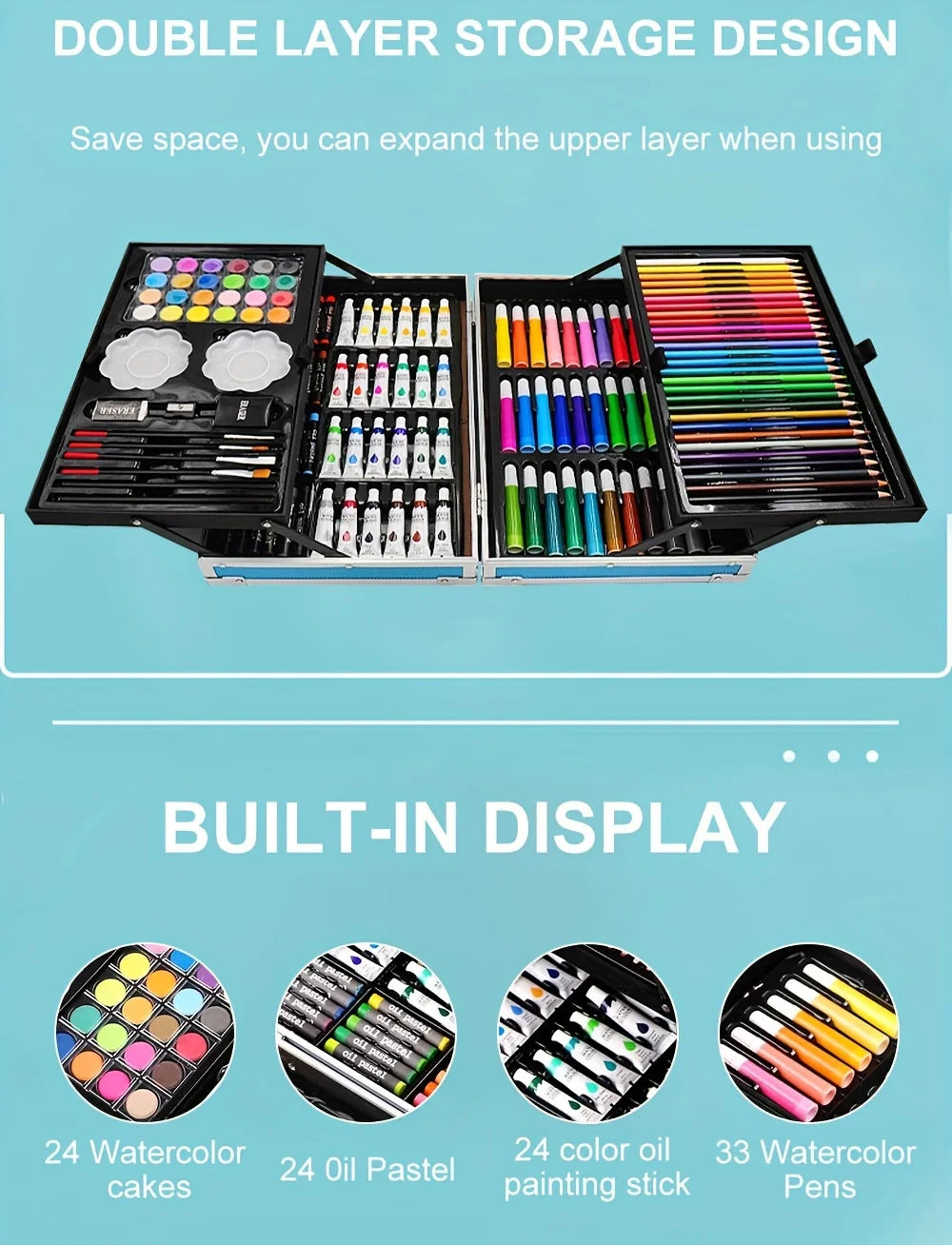Paquete de 145 piezas, kit de arte para pintar y dibujar, juego de arte de doble capa de lujo, lápices de colores, pasteles al óleo, acuarela