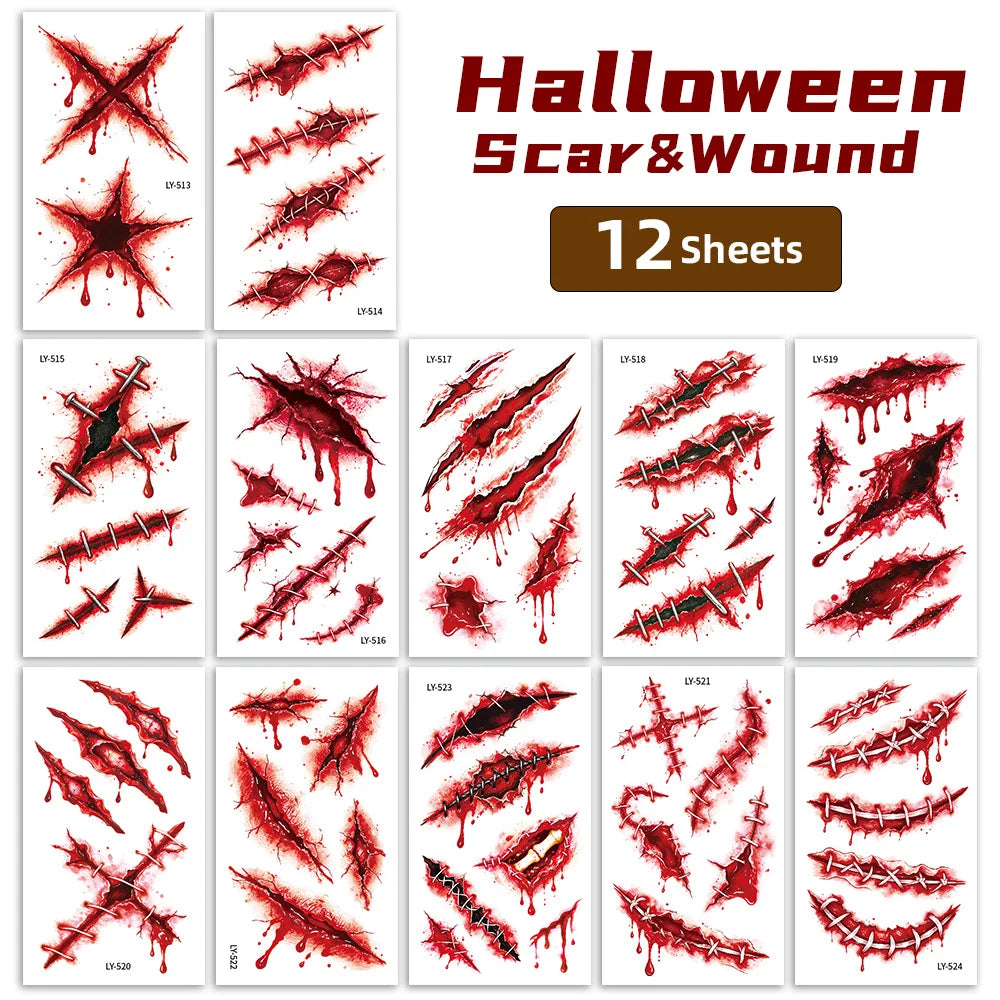 Tatuajes Temporales 3D de Cicatrices y heridas para Halloween - 12 Hojas,
