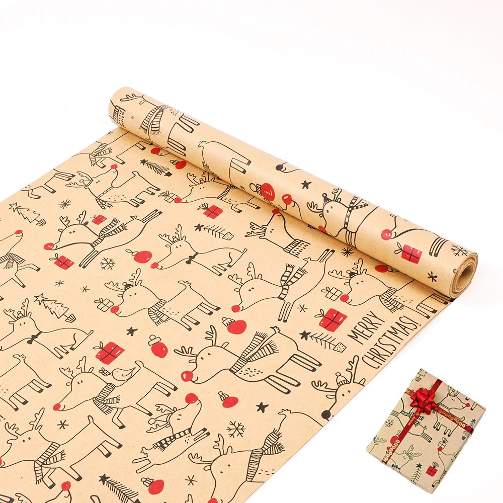 1 rollo de papel de regalo navideño de 44 cm x 15 mts aprox., papel Kraft con diseño de ciervo encantador