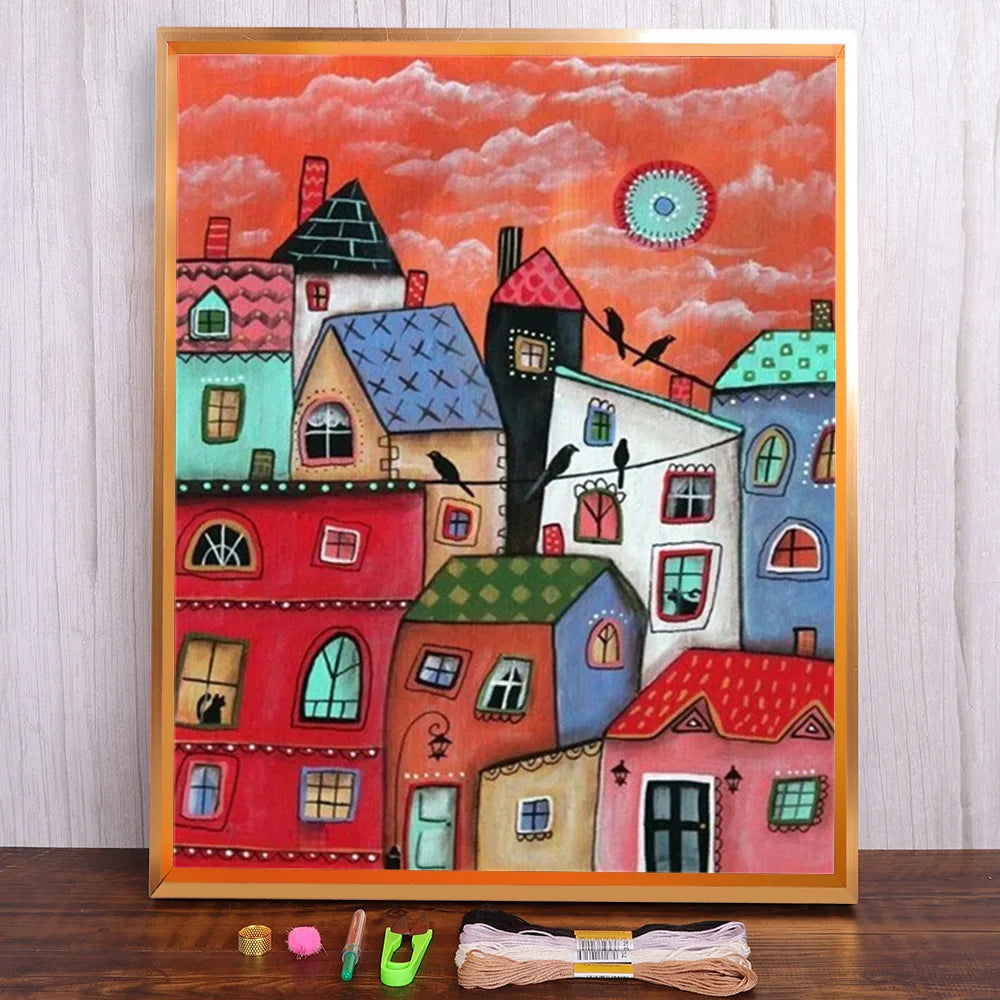 Pintura bordada de 11/14CT, casas de dibujos animados, Kits de punto de cruz, lienzo impreso DMC