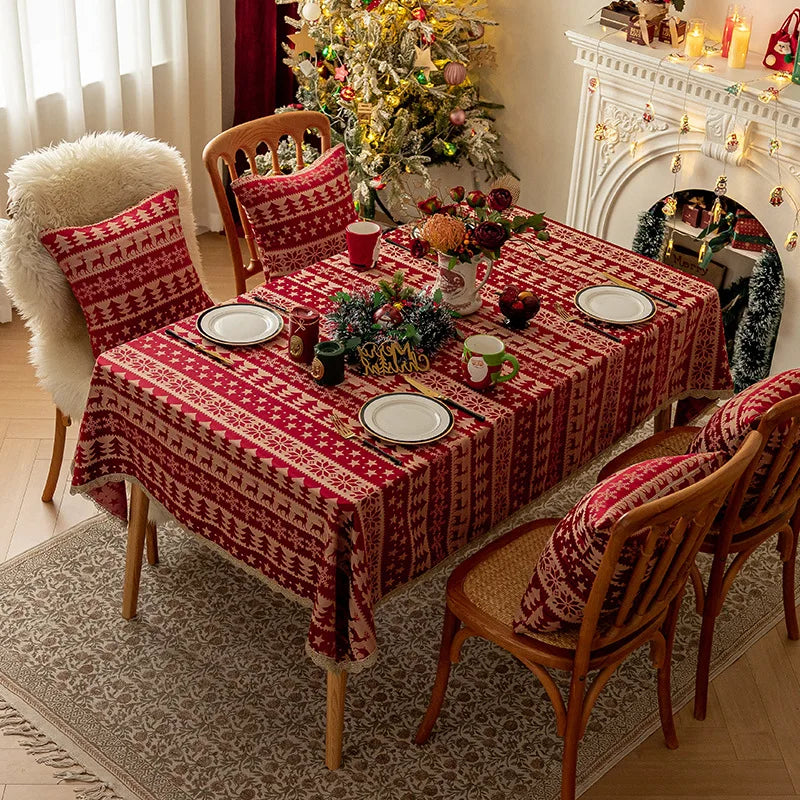 Mantel rojo navideño, Jacquard, encaje dorado