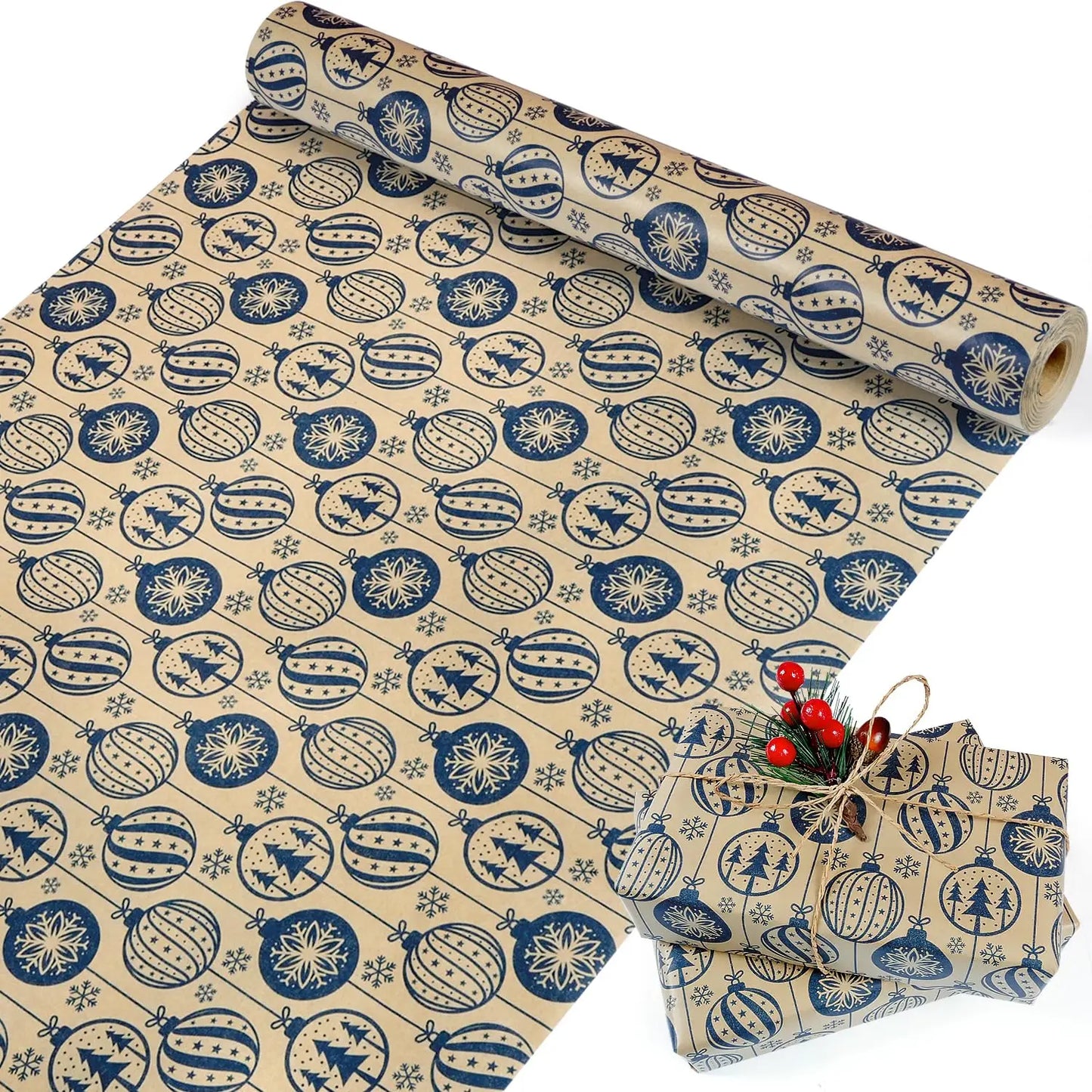 1 rollo de papel de regalo navideño de 44 cm x 15 mts aprox., diseño de bola de decoración navideña