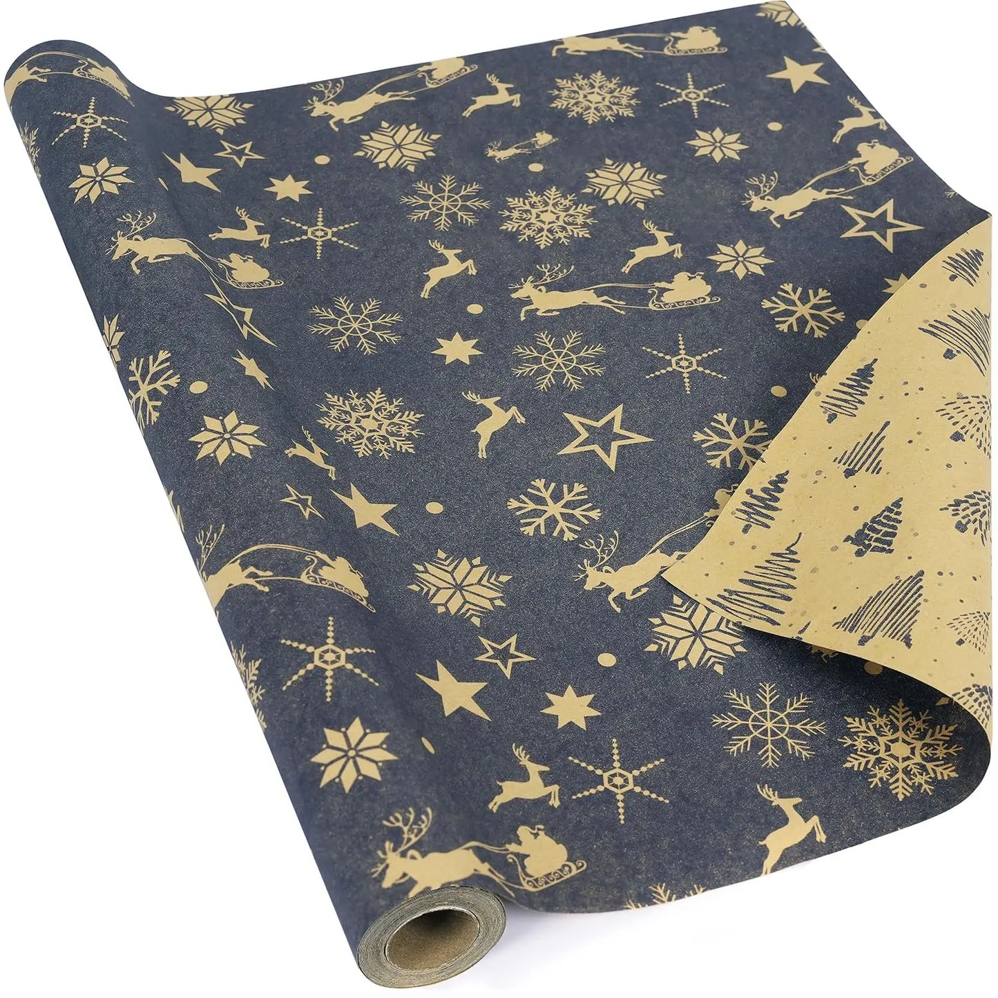 1 rollo de papel de regalo navideño reversible, papel kraft vintage azul marino y marrón de 44 cm pulgadas x 10 mts aprox.