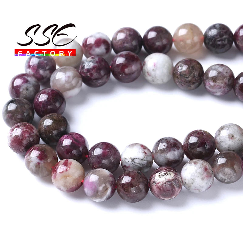 Cuentas de turmalina con flor de ciruela Natural auténtica para la fabricación de joyas, cuentas redondas sueltas A + de 6, 8, 10mm y 15"