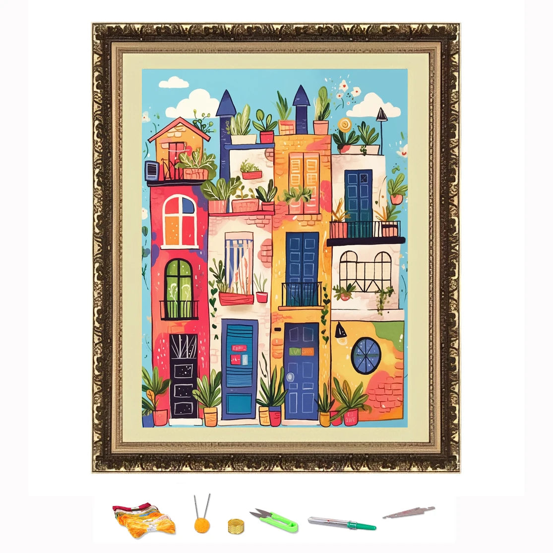 Bordado de punto de cruz, Kit de costura artesanal con dibujo de casas coloridas, decoración impresa en lienzo 11CT