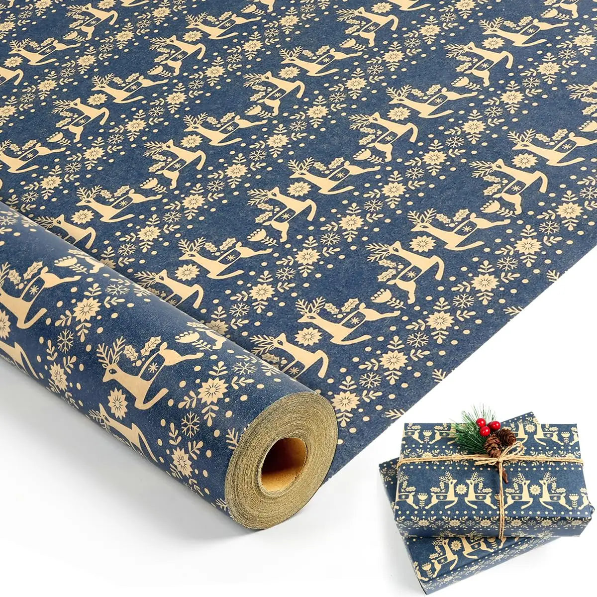 1 rollo de papel de regalo navideño de 43 cm x 15 mts aprox., papel Kraft, copo de nieve, diseño floral y de renos de Navidad