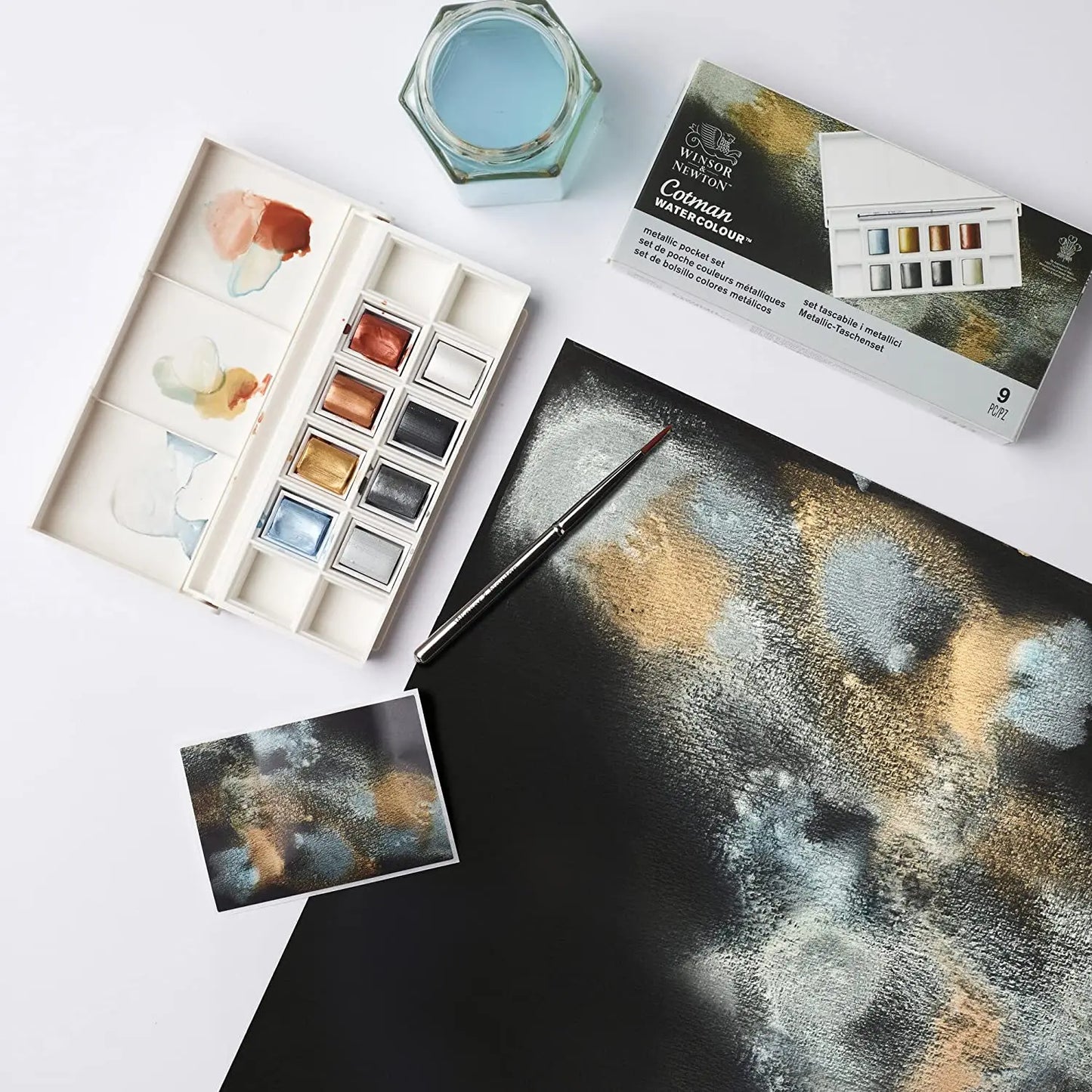 Winsor & Newton-Juego de acuarelas metálicas de 8 colores medias bandejas, paleta de colores con pincel para principiantes