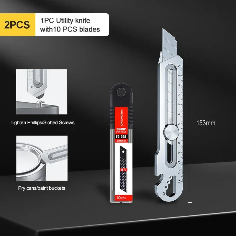 Cuchillo cartonero multiusos de acero inoxidable 6 en 1, abrelatas multifunción, portátil, para oficina, hogar