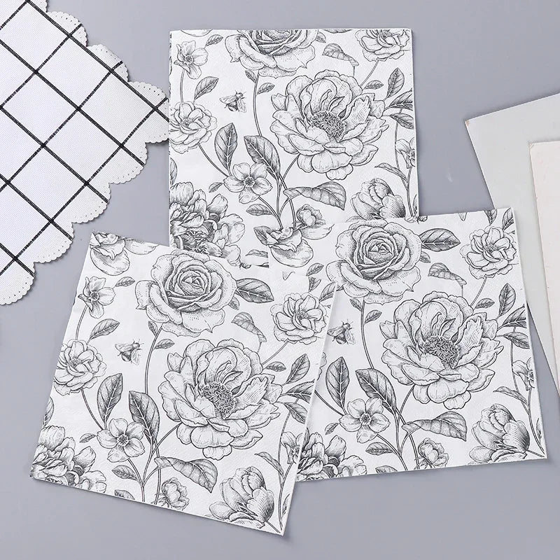 Servilletas de papel con estampado de Rosa, blanco y negro, 20 hojas.