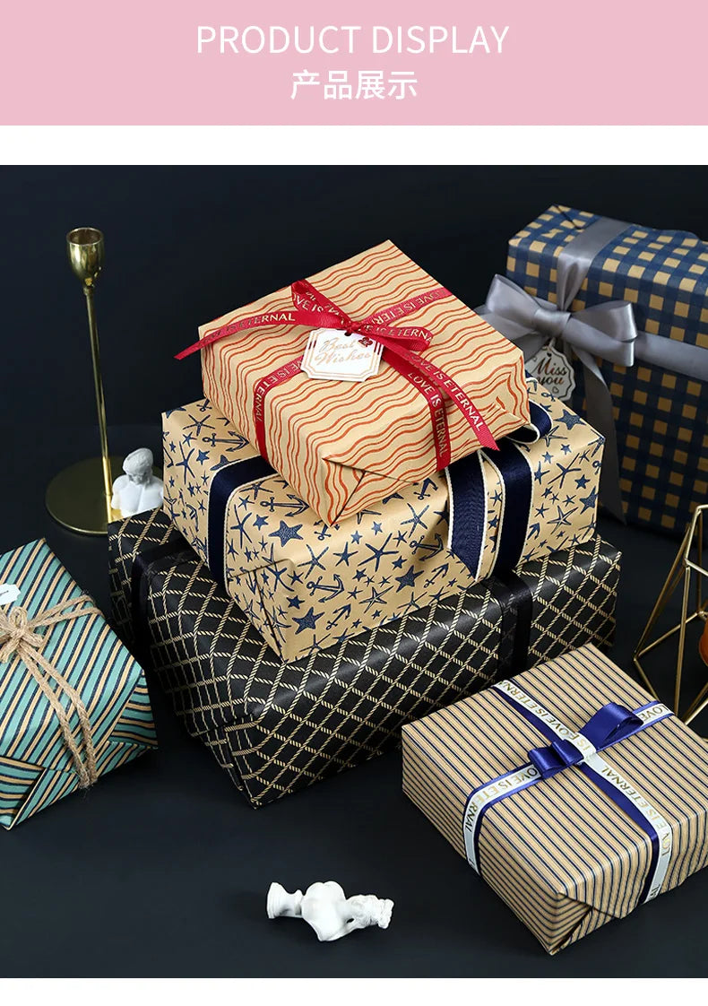 Papel de regalo Kraft clásico con entramado plegable de 50x70cm, embalaje de regalo azul, papel artesanal