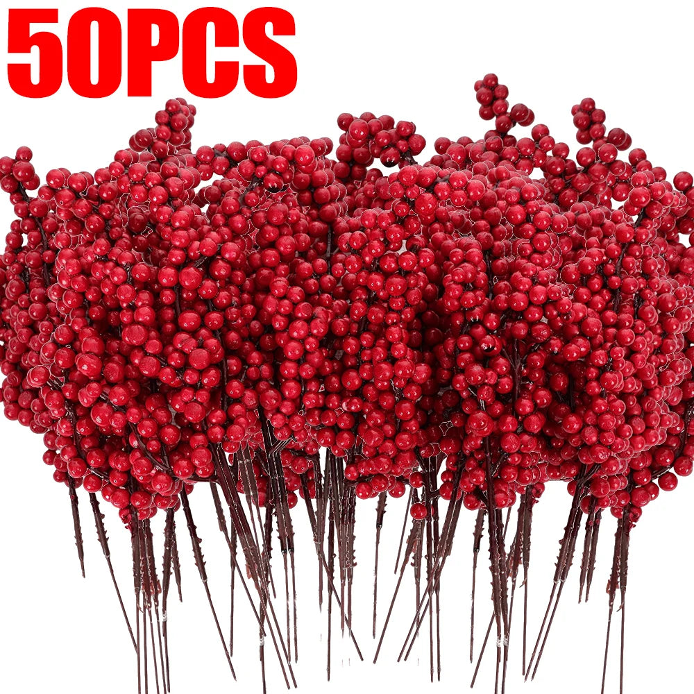 Simulación de bayas rojas artificiales, ramas de frutas navideñas para árbol de Navidad, adornos de mesa, decoración de corona