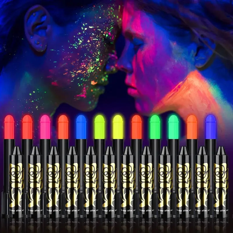 Kit de pintura facial y corporal con brillo UV de neón, crayones de maquillaje, 6 uds./12 Uds.