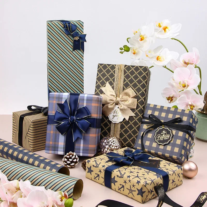 Papel de regalo Kraft clásico con entramado plegable de 50x70cm, embalaje de regalo azul, papel artesanal