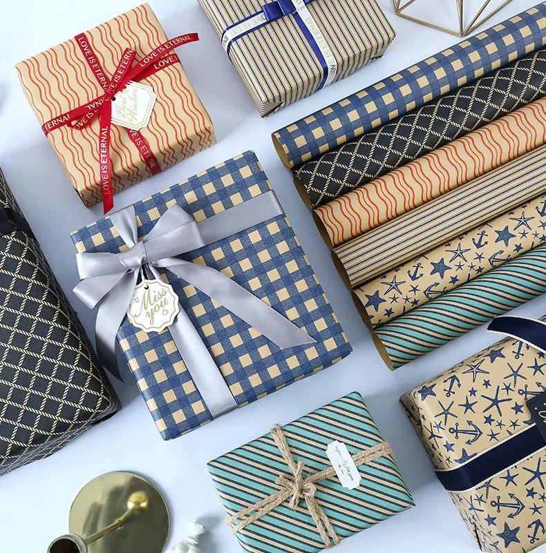 Papel de regalo Kraft clásico con entramado plegable de 50x70cm, embalaje de regalo azul, papel artesanal