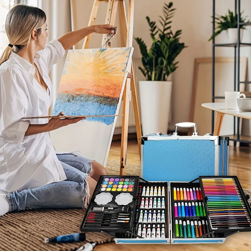 Paquete de 145 piezas, kit de arte para pintar y dibujar, juego de arte de doble capa de lujo, lápices de colores, pasteles al óleo, acuarela